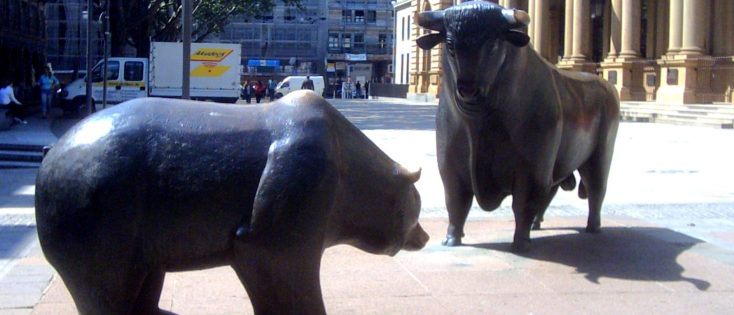 The famous bear and bull statues sit outside the Deutsche Börse.