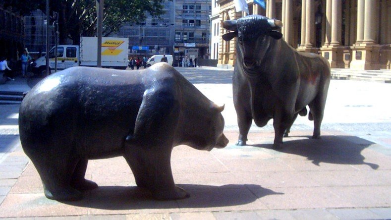 The famous bear and bull statues sit outside the Deutsche Börse.