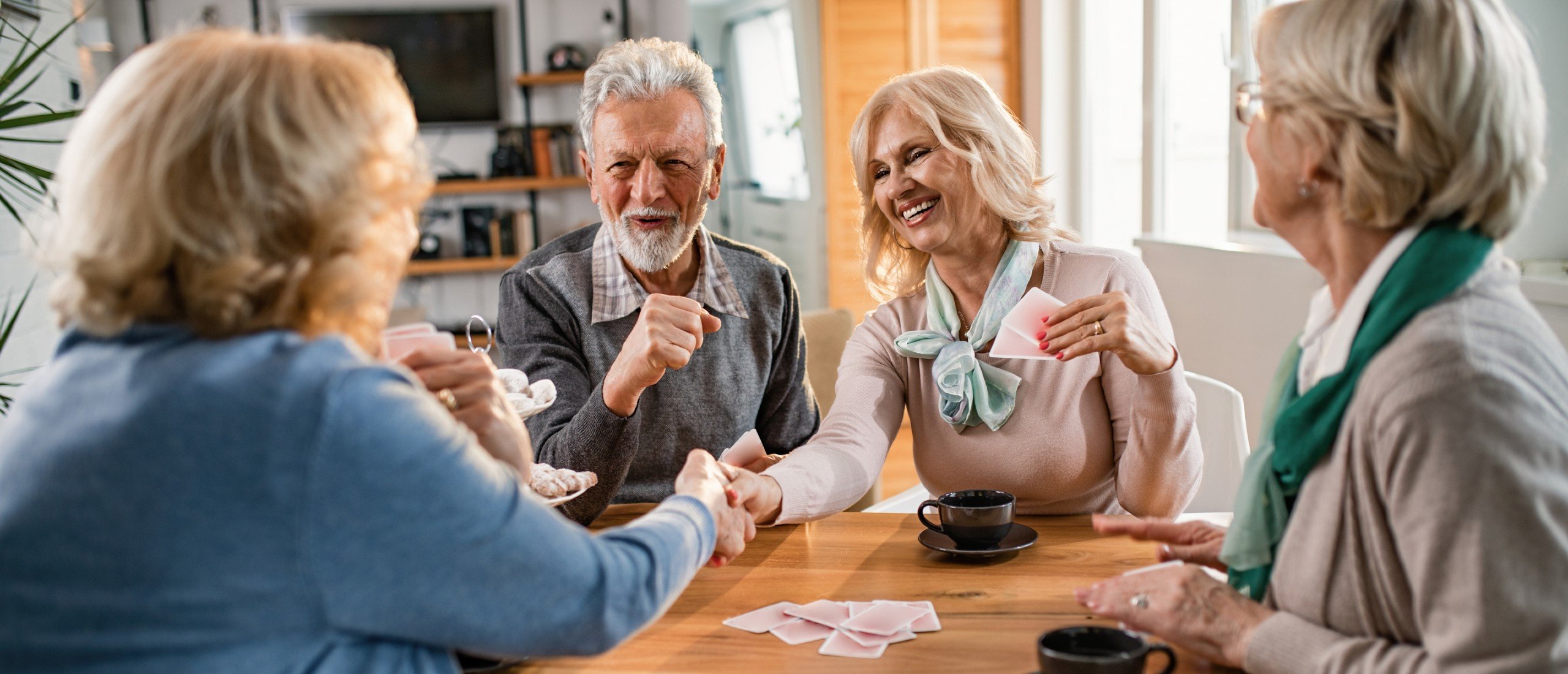 Senior friends play cards at home.