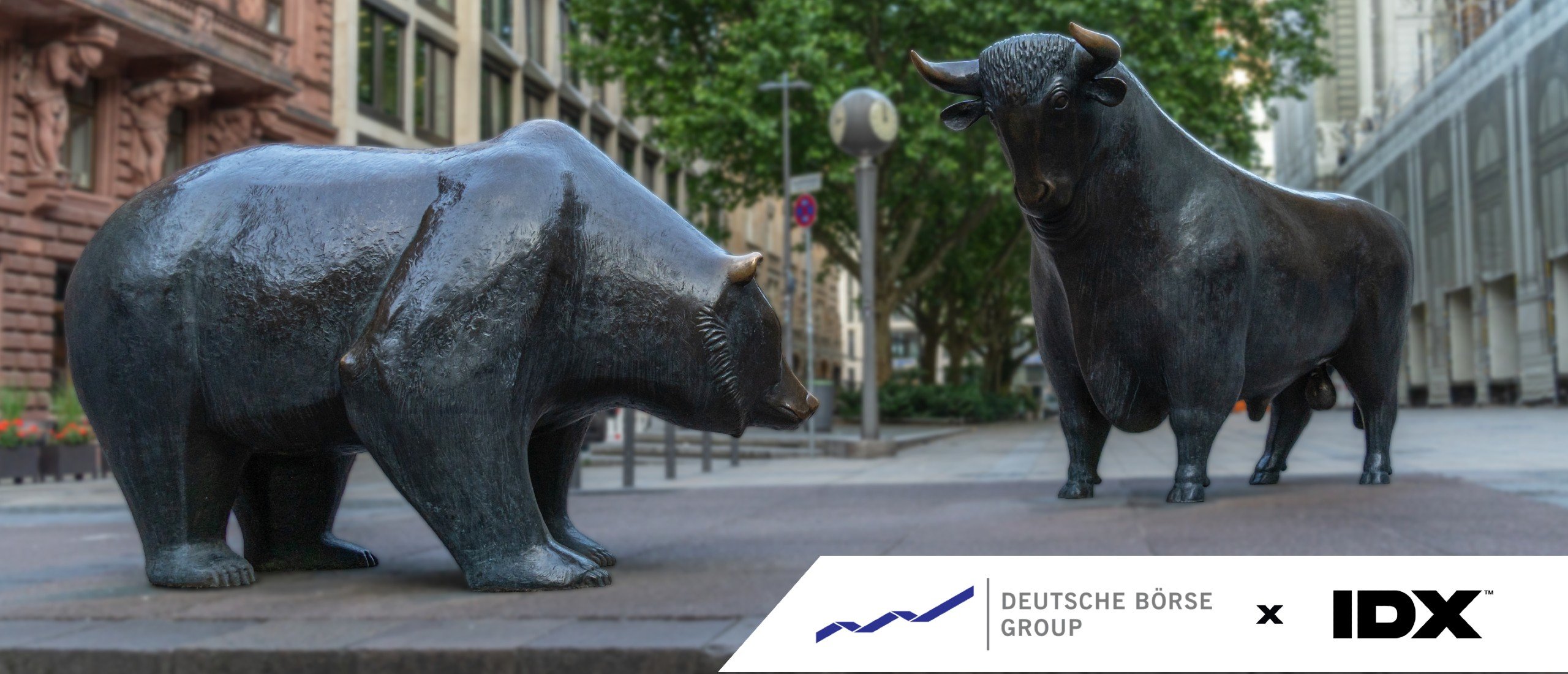 The iconic bronze bull and bear statues stand in front of the Frankfurt Stock Exchange in Germany